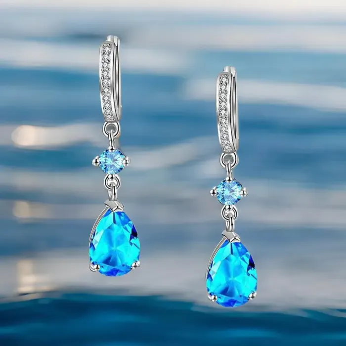 Náušnice Brillance Princess Sea Blue se zirkony