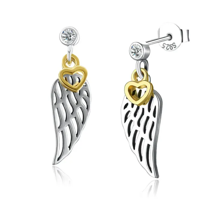 Stříbrné náušnice Angel Wings Golden Heart