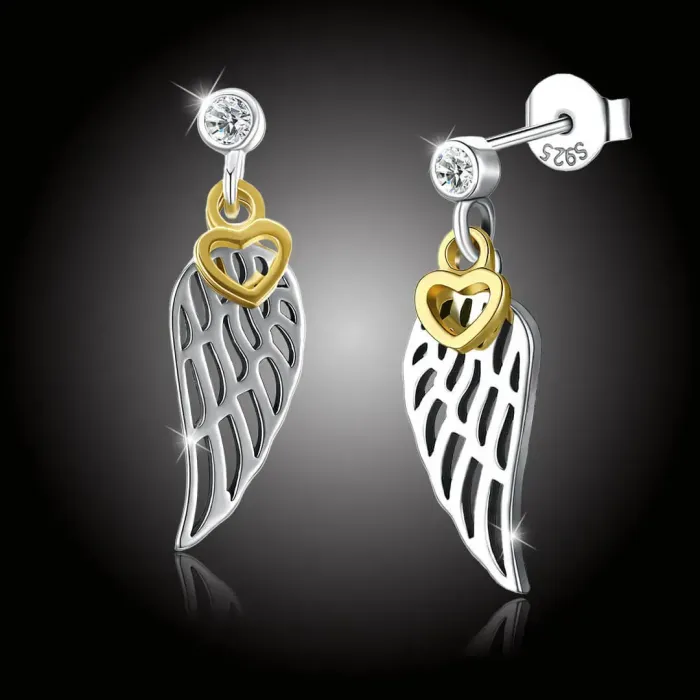 Stříbrné náušnice Angel Wings Golden Heart