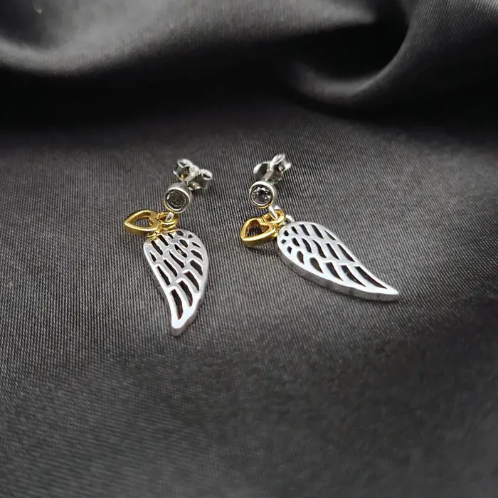 Stříbrné náušnice Angel Wings Golden Heart
