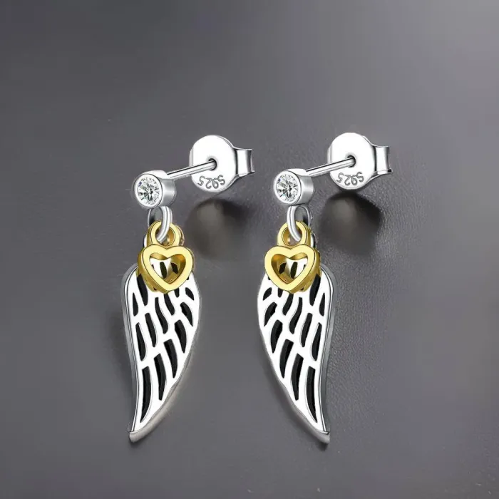 Stříbrné náušnice Angel Wings Golden Heart