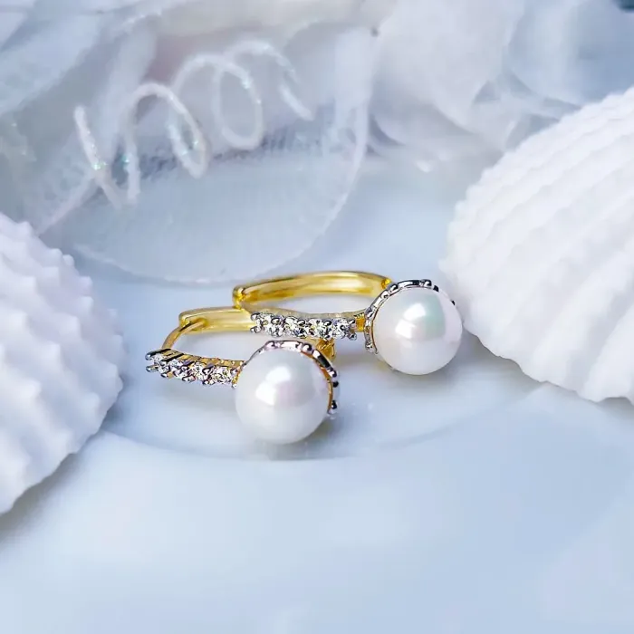 Pozlacené perlové náušnice Rebecca Gold White Pearl