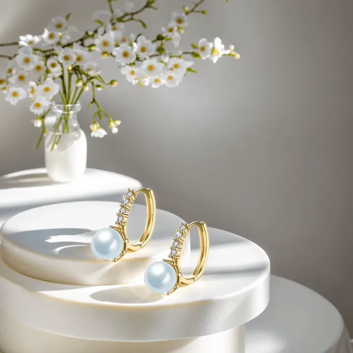 Pozlacené perlové náušnice Rebecca Gold White Pearl