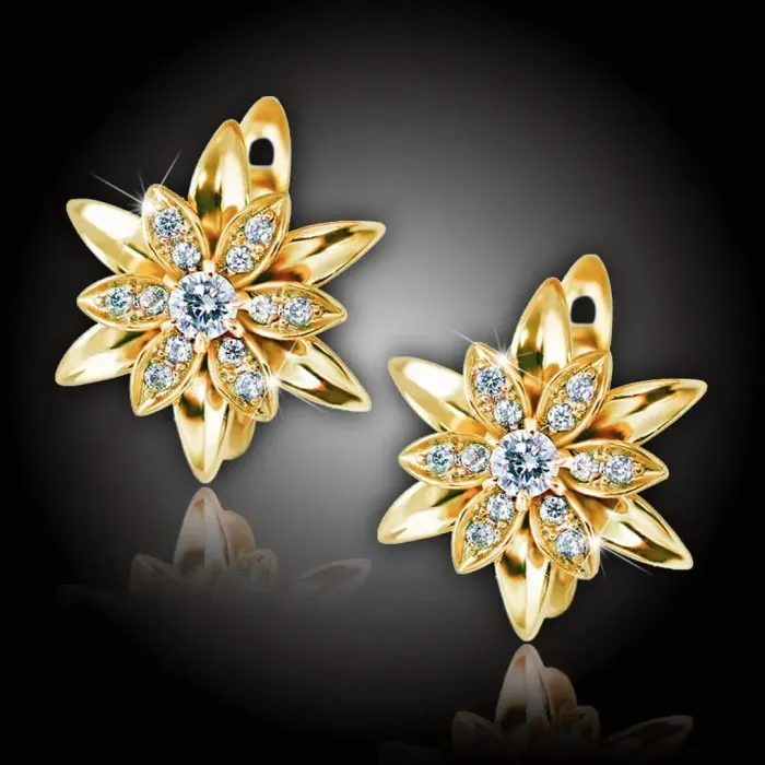 Květinové náušnice La Diamantina Lilianna Gold se zirkony, zlatavý lesk a jiskřivé kamínky