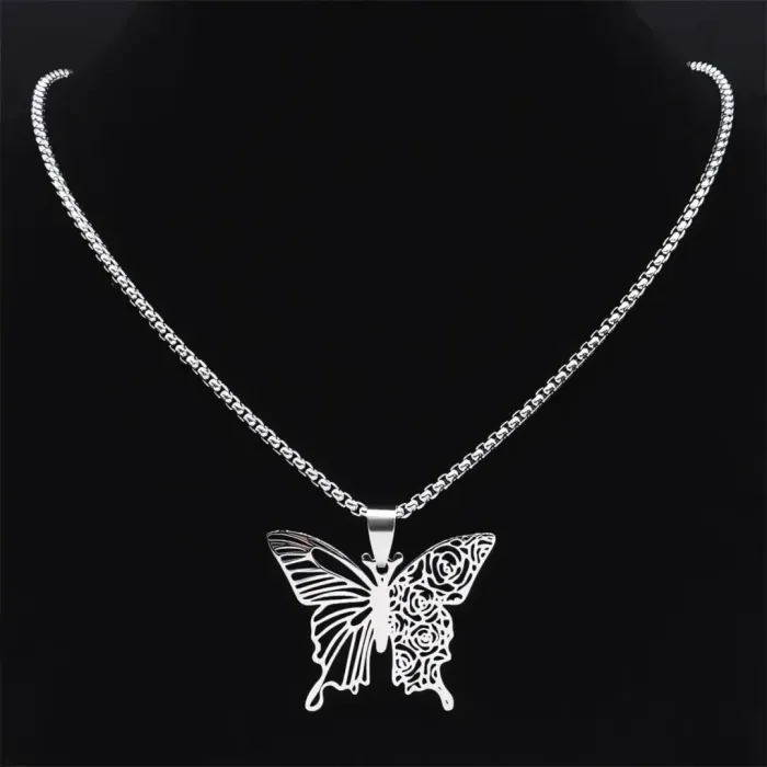 Romantický náhrdelník Motýl z chirurgické oceli s filigránovým květinovým výřezem
