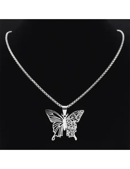 Romantický náhrdelník Motýl z chirurgické oceli s filigránovým květinovým výřezem