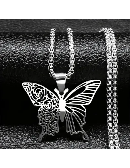 Romantický náhrdelník Motýl z chirurgické oceli s filigránovým květinovým výřezem