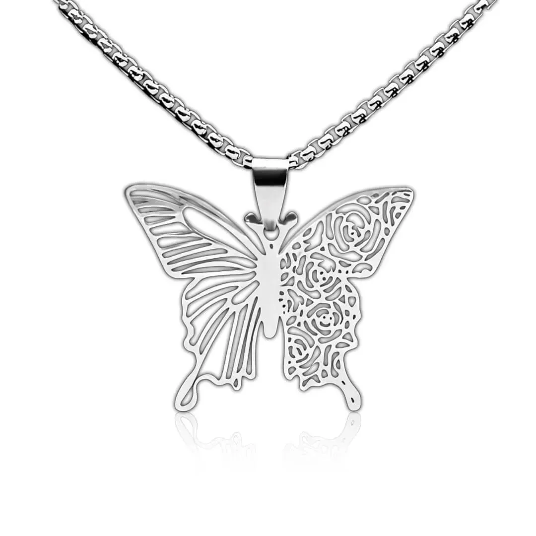 Romantický náhrdelník Motýl z chirurgické oceli s filigránovým květinovým výřezem