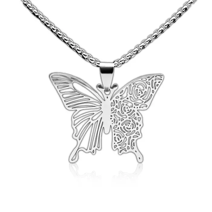 Romantický náhrdelník Motýl z chirurgické oceli s filigránovým květinovým výřezem