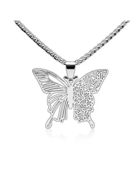 Romantický náhrdelník Motýl z chirurgické oceli s filigránovým květinovým výřezem
