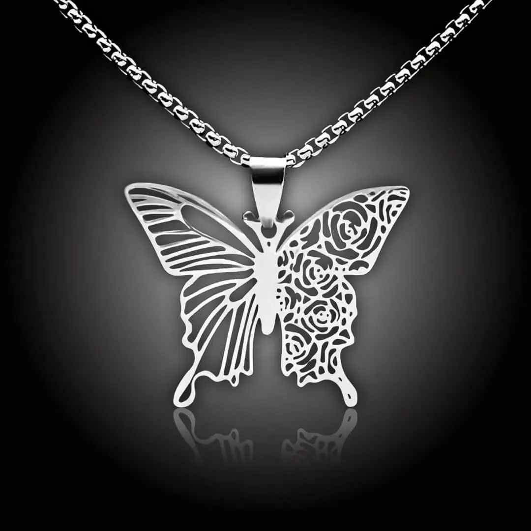 Romantický náhrdelník Motýl z chirurgické oceli s filigránovým květinovým výřezem 2