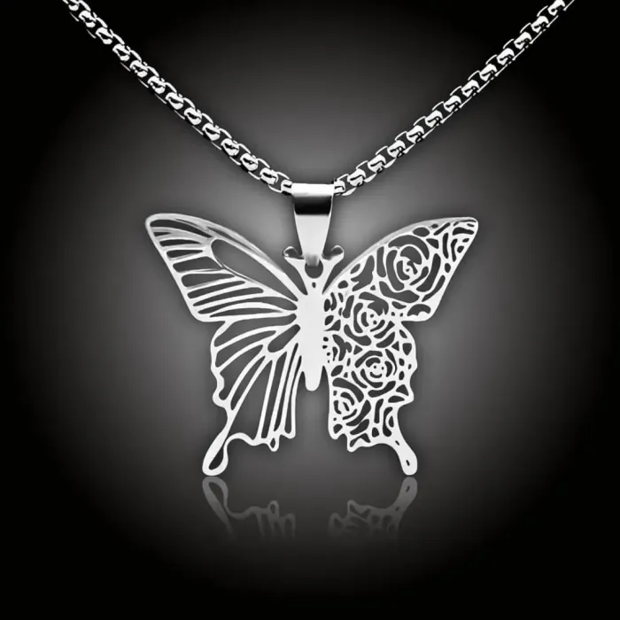 Romantický náhrdelník Motýl z chirurgické oceli s filigránovým květinovým výřezem