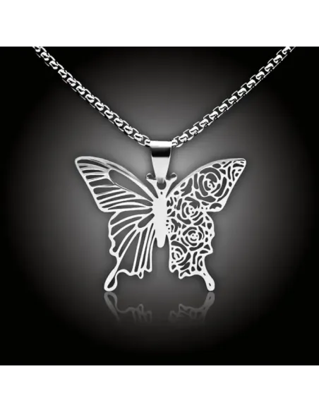 Romantický náhrdelník Motýl z chirurgické oceli s filigránovým květinovým výřezem