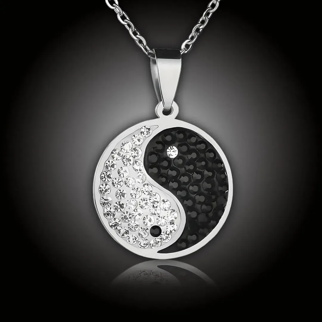 Náhrdelník Jin Jang z chirurgické oceli se zirkony, černobílý medailon harmonie 2