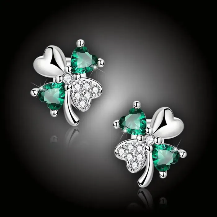 Jemné stříbrné náušnice Čtyřlístek se zirkony
