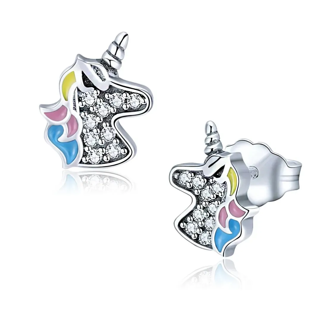 Stříbrné náušnice Třpytivý jednorožec se zirkony