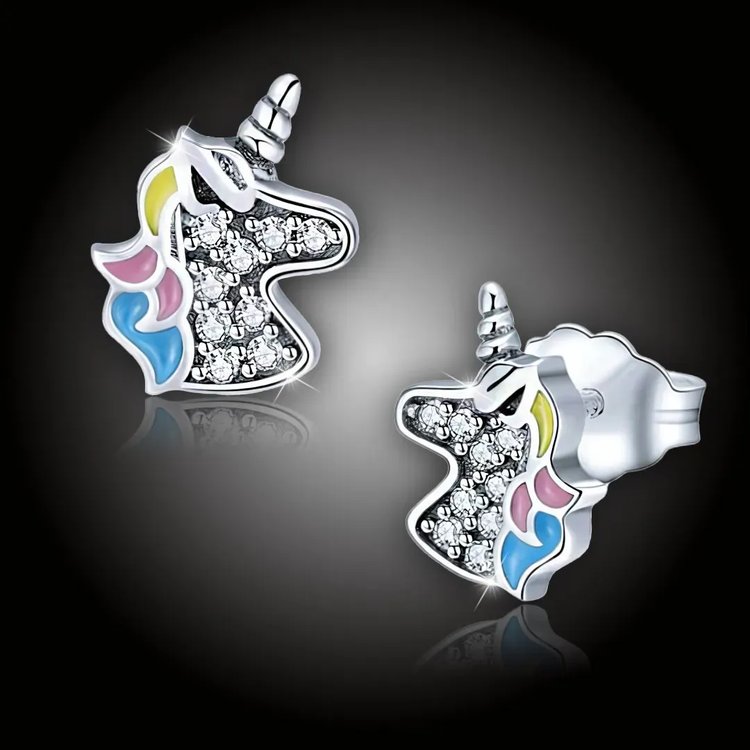 Stříbrné náušnice Třpytivý jednorožec se zirkony 2